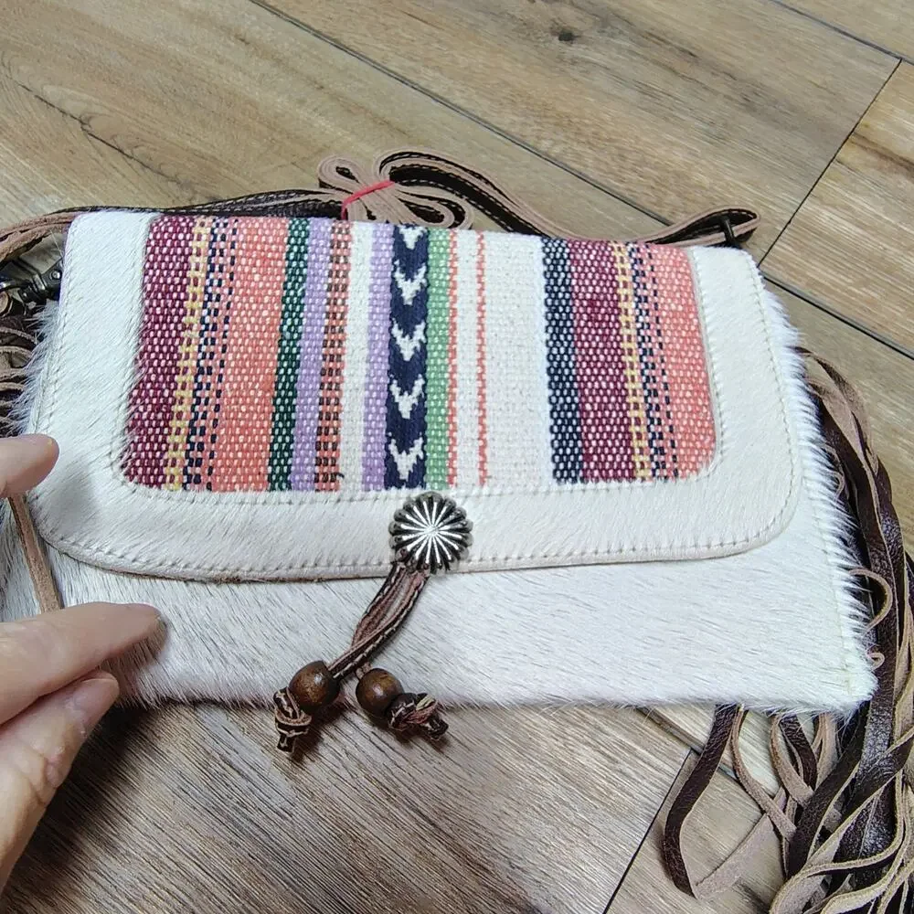 Myra Bag Delicate Hues Leather Hairon Crossbody Fringe Purse Boho Southwest - Picture 14 of 16